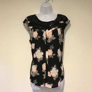 Black Floral Blouse with Lace Neckline - Size XL